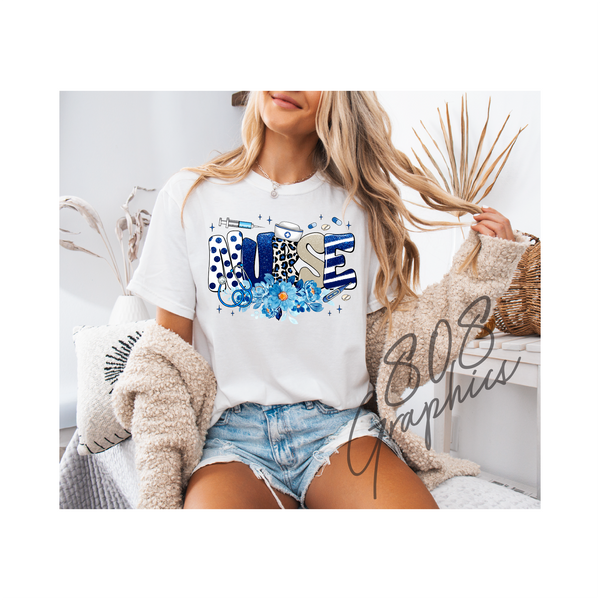 Nurse Floral Blue - DTFilm Transfer