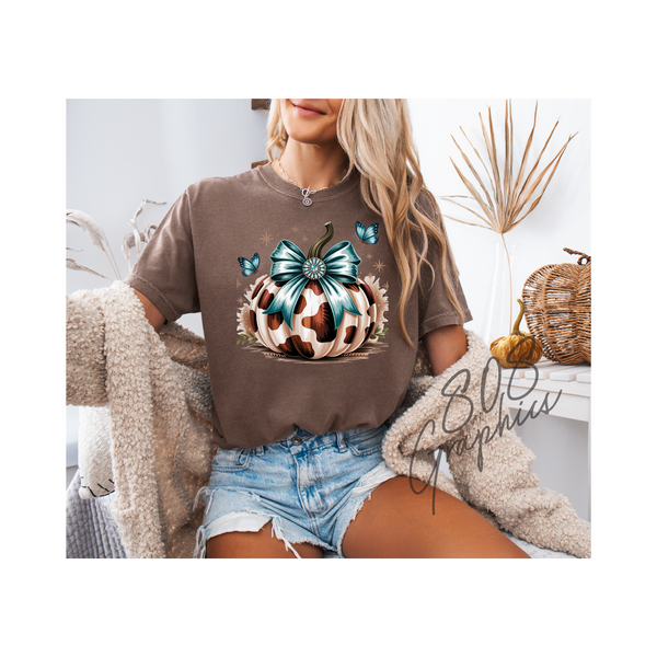 Teal Bow Cow Print Pumpkin